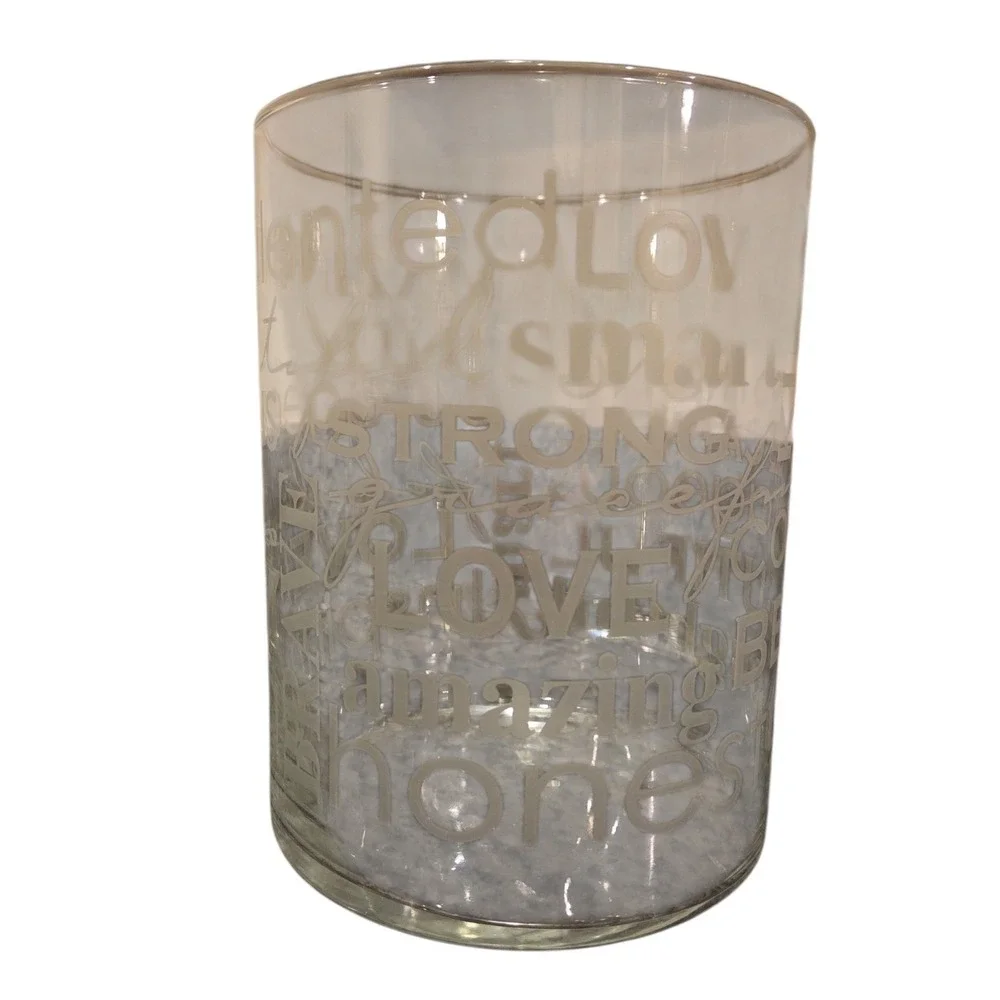 Inspirational‎ Etched Glass Cylinder Vase Candle Holder Kind Brave Strong 7.5x6
